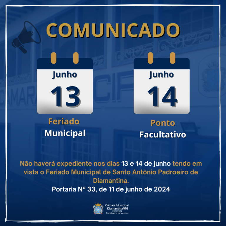 FERIADO MUNICIPAL E PONTO FACULTATIVO!